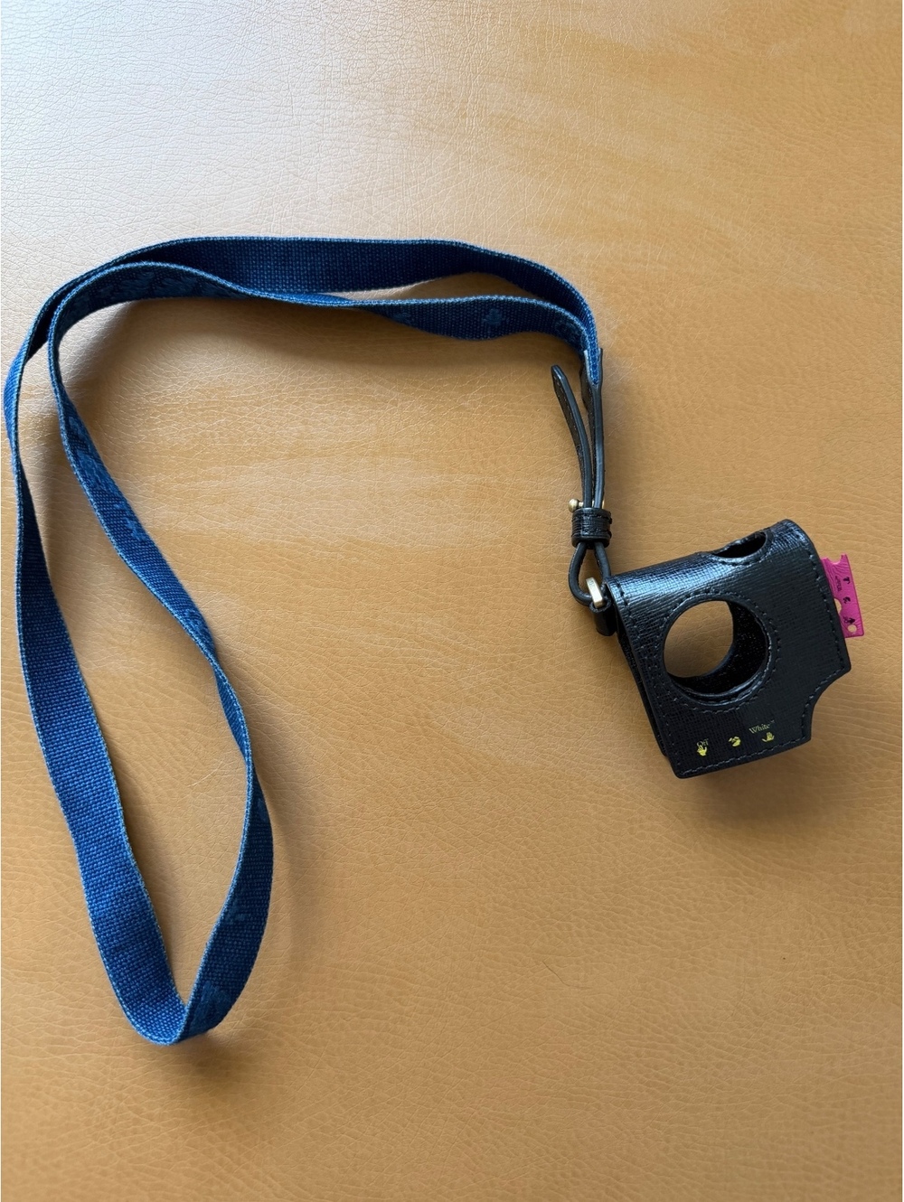 Off-White Black Leather AirPods Lanyard with Blue Strap